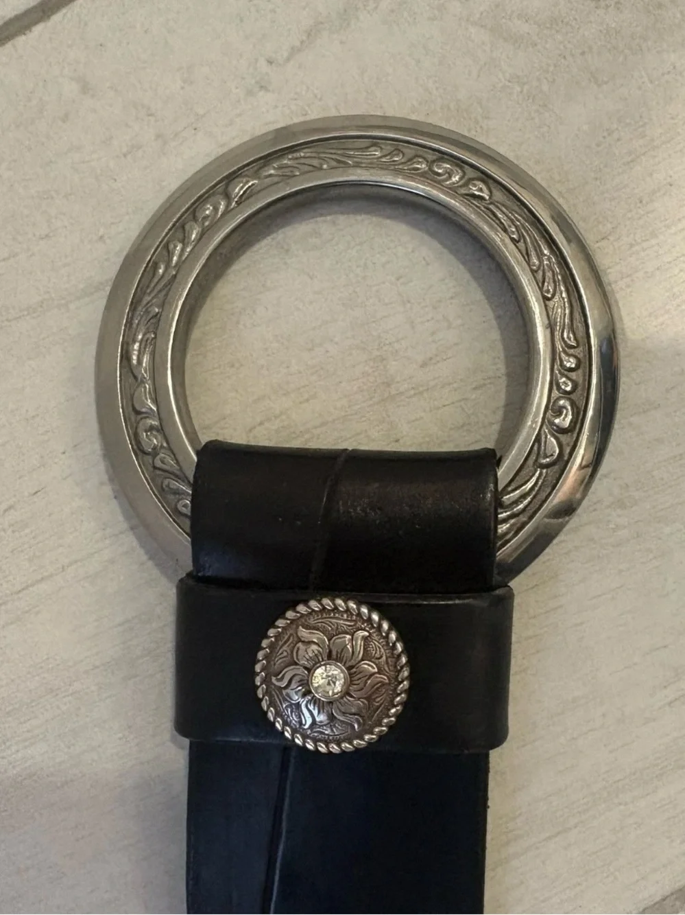 Vtg Al Stohlman Black Leather Belt Floral Rhinestone Western Boho Cowgirl Rodeo